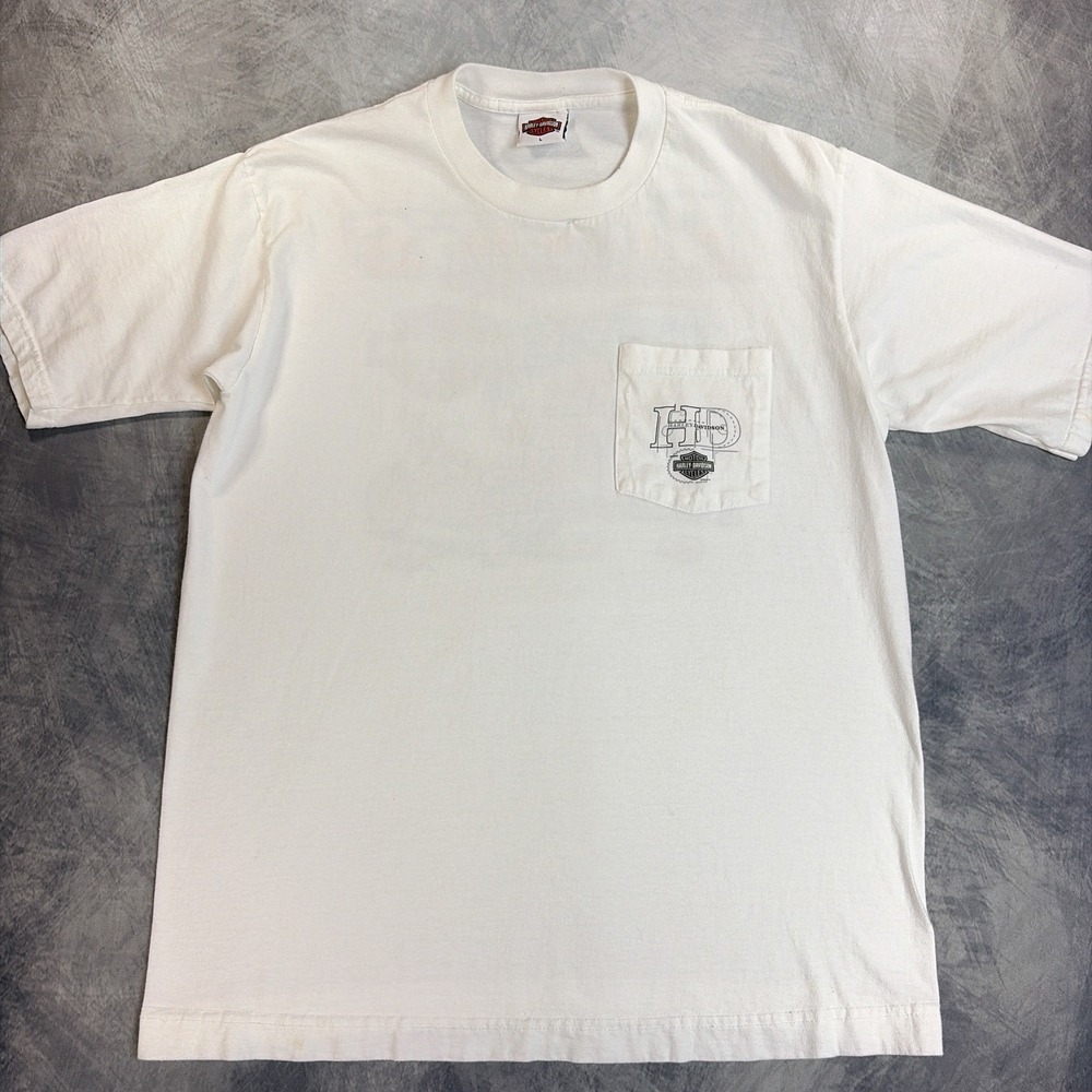 Vintage Harley Davidson T-Shirt Mens L White Fink's Zanesville‎ OH Pocket Tee
